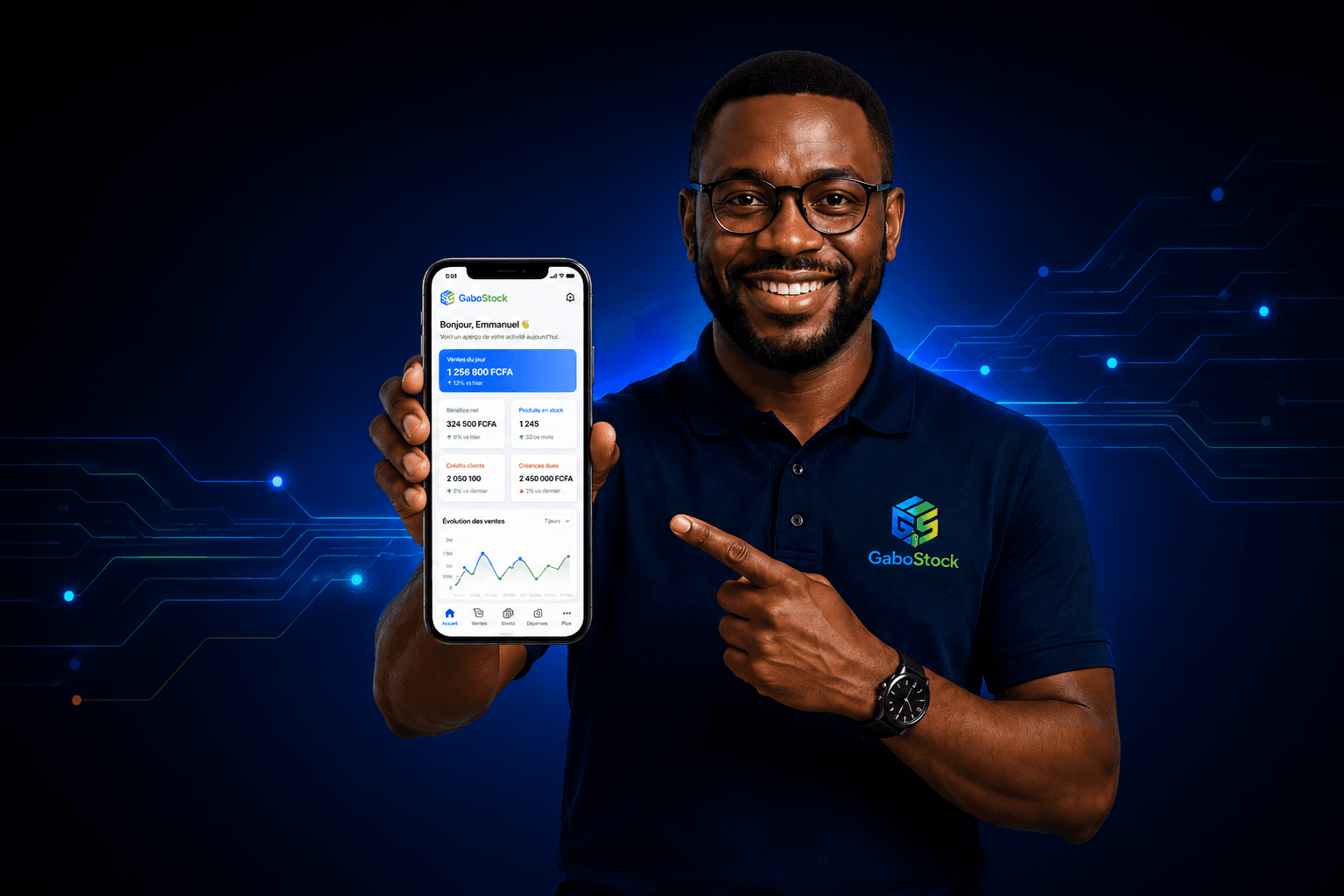 Commerçant tenant le téléphone avec le tableau de bord GaboStock